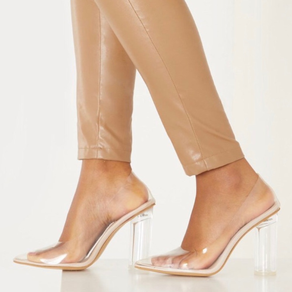NEW PrettyLittleThing Nude Block Heel Clear Court